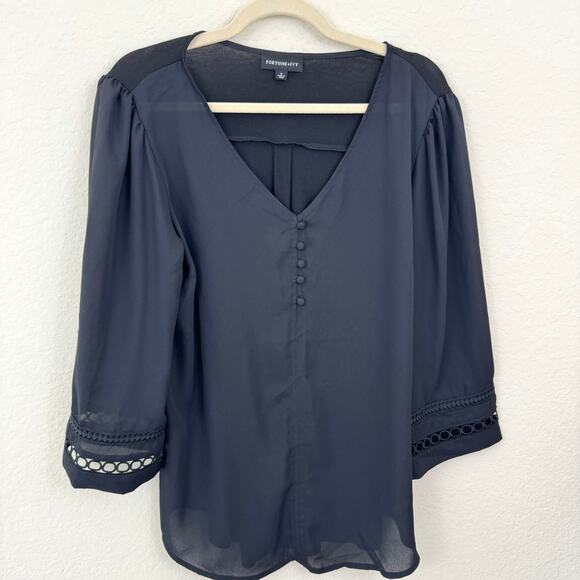 Stitch Fix Fortune + Ivy Womens Blouse Top Size M Embroidered V Neck Flowy Black - Picture 1 of 7